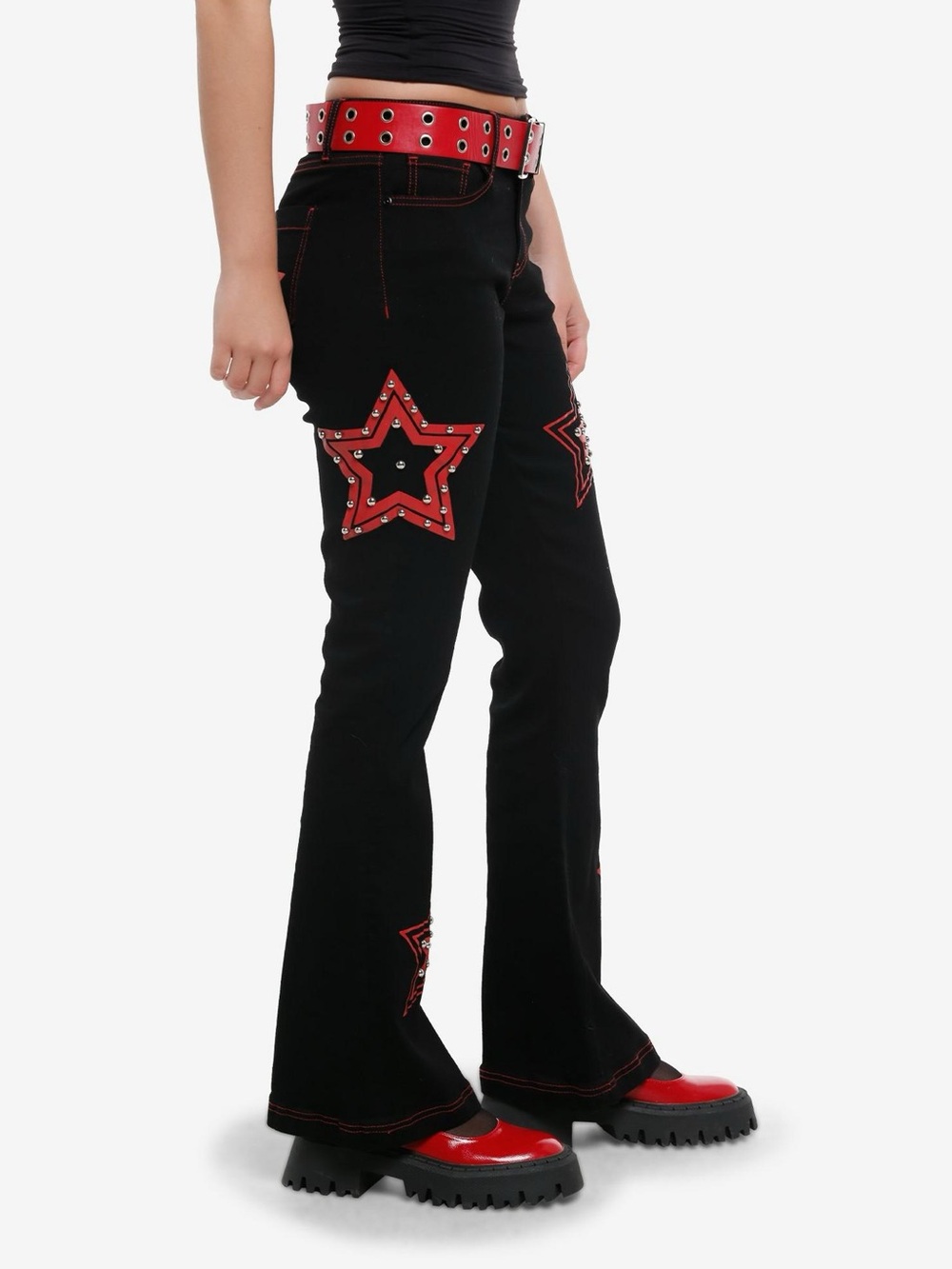 Social Collision Red Star Studded Black Flares With Grommet Belt Size 9 NEW - Picture 10 of 10